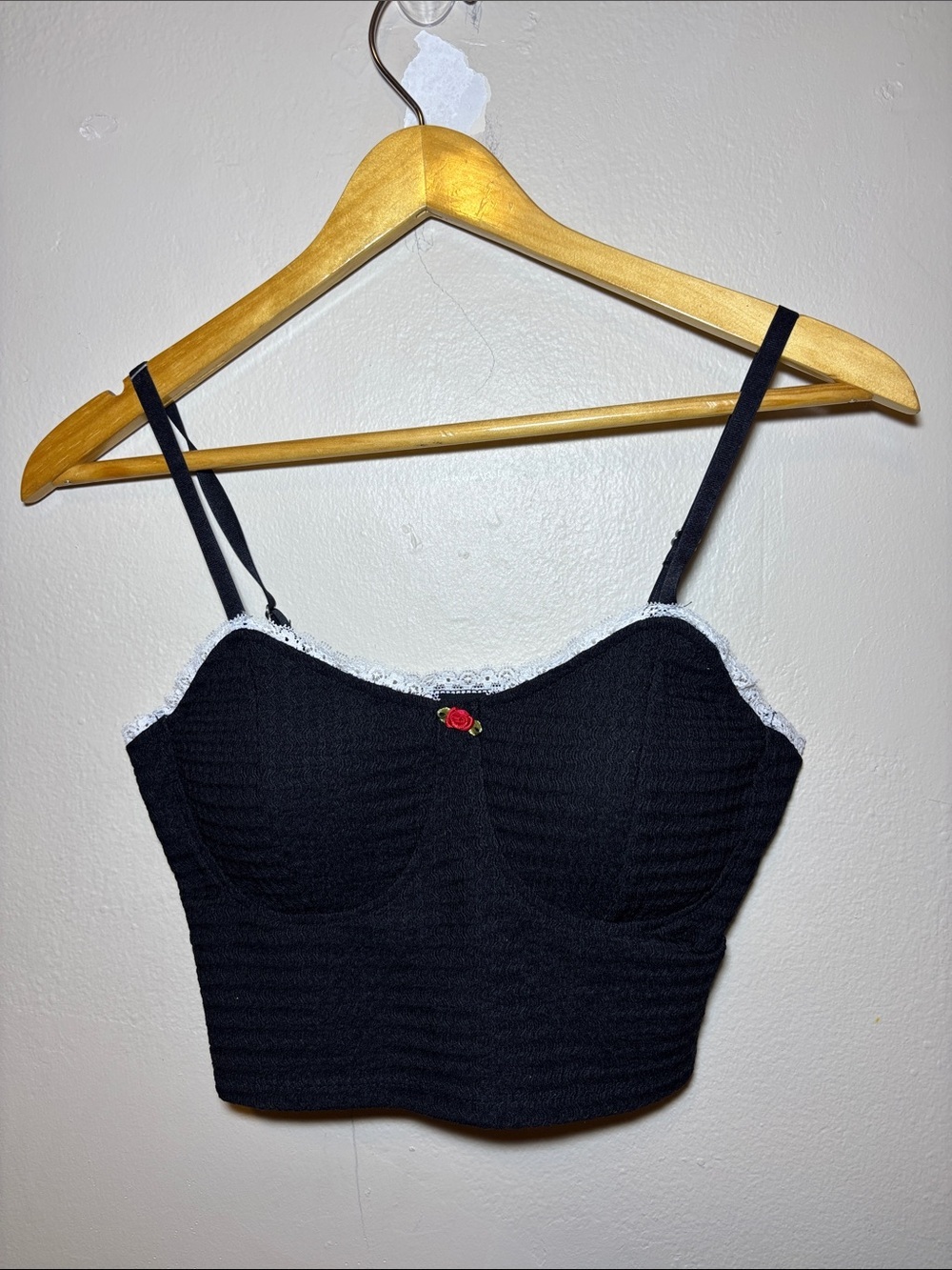 Black Lace-Trim Cropped Camisole with Rose Accent